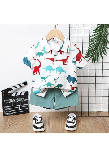 2pcs Toddler Boy Animal Dinosaur Print Lapel Collar Short-sleeve Shirt and Green Shorts Set