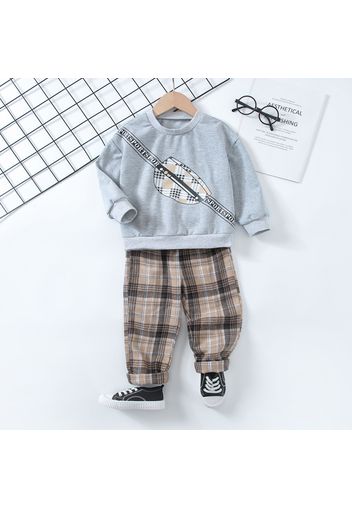 2-piece Toddler Boy Plaid Bag Print Sweatshirt and Pants Set