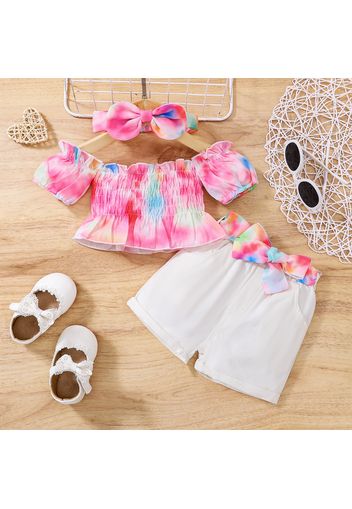 3pcs Baby Girl 100% Cotton Denim Shorts and Tie Dye Chiffon Off Shoulder Puff-sleeve Shirred Top with Headband Set