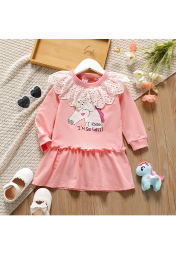 Toddler Girl Schiffy Collar Design Ruffled Letter Unicorn Print Long-sleeve Pink Dress