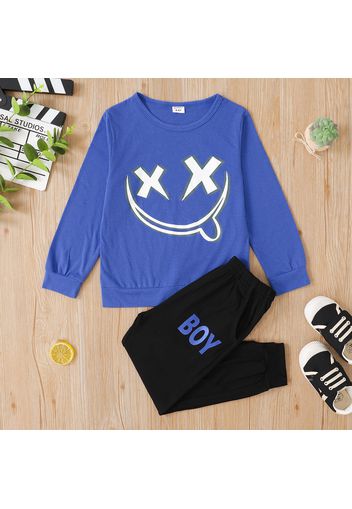 2-piece Kid Boy Emoji Print Long-sleeve Tee and Letter Print Pants Casual Set