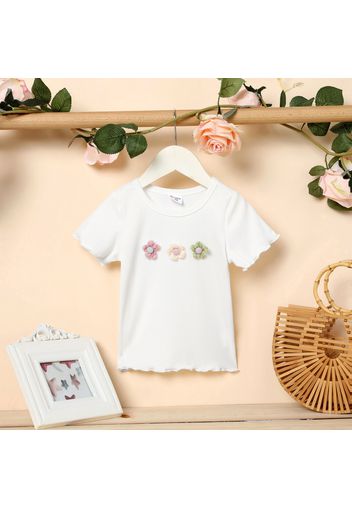 Toddler Girl 3d Floral Design Lettuce Trim Ribbed Short-sleeve Tee