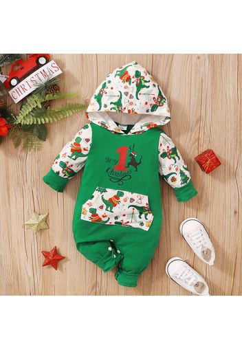 Christmas Dinosaur Print Hooded Long-sleeve Green Baby Cotton Jumpsuit