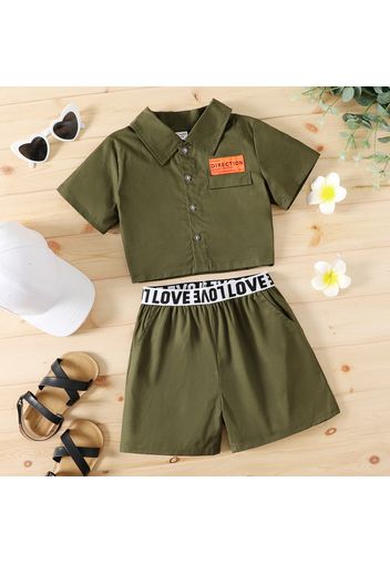 2pcs Kid Girl Lapel Collar Button Design Short-sleeve Army Green Shirt and Letter Print Shorts Set