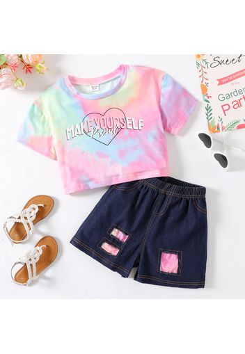 2-piece Kid Girl Letter Print Tie Dyed Short-sleeve Tee and Ripped Denim Shors Set