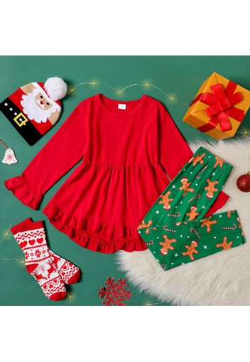 2-piece Kid Girl Christmas Ruffle Hem Red Top and Figure Star Print Leggings Set