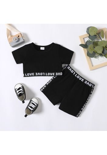 2pcs Baby Boy/Girl Letter Design Black Short-sleeve Crop Top and Shorts Set