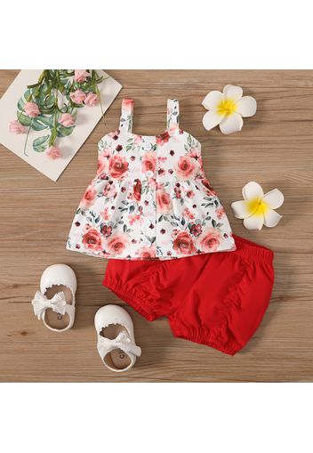 2pcs Baby Girl Floral Print Sleeveless Spaghetti Strap Top and Solid Shorts Set