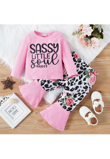 2pcs Baby Girl Letter Print Pink Long-sleeve Ribbed Top with Leopard and Floral Print Bell Bottom Pants Set