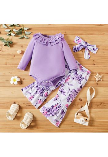 3-piece Baby Girl Ruffle Collar Long-sleeve Solid Romper, Floral Print Flared Pants and Headband Set