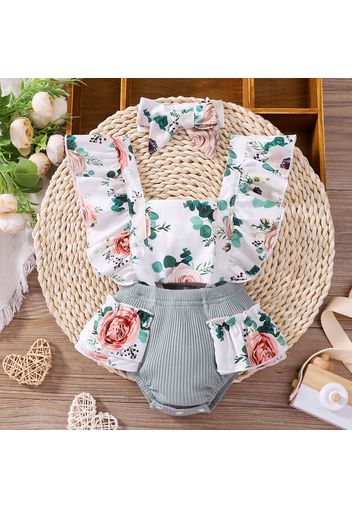 2pcs Baby Girl 95% Cotton Sleeveless Floral Print Ruffle Splicing Ribbed Romper with Headband Set