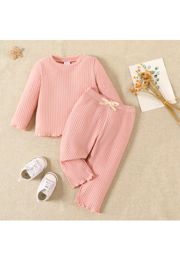 2pcs Baby Solid Ribbed Long-sleeve Top and Trousers Set