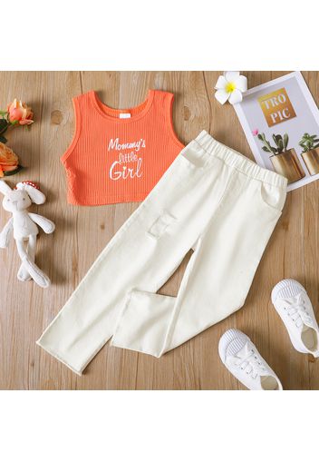 2pcs Toddler Girl Letter Print Ribbed Orange Tank Top and White Ripped Denim Jeans Set