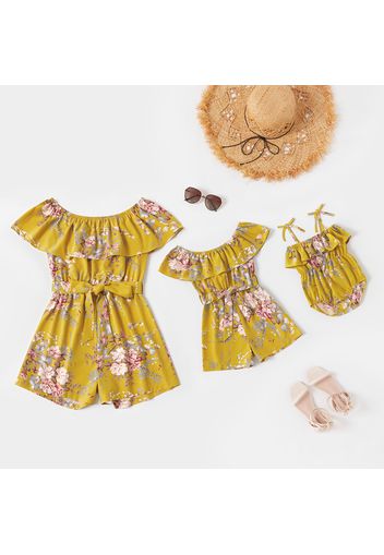 Floral Print Ruffled Off Shoulder Matching Shorts Rompers