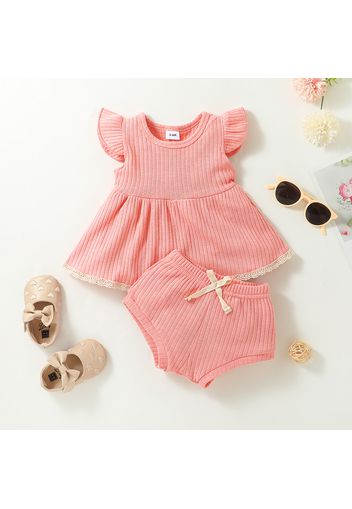 2pcs Baby Girl Solid Ribbed Textured Flutter-sleeve Dress with Shorts Set