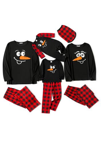 Christmas Cartoon Snowman Face Print Black Family Matching Long-sleeve Plaid Pajamas Sets (Flame Resistant)