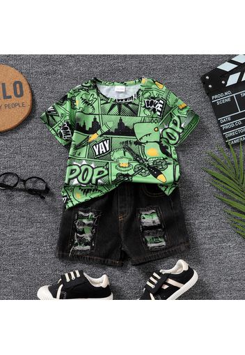 2pcs Toddler Boy Playful Ripped Denim Shorts and Dinosaur Letter Print Tee Set