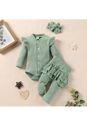 3pcs Baby Solid Ribbed Long-sleeve Cotton Ruffle Romper and Pants Set