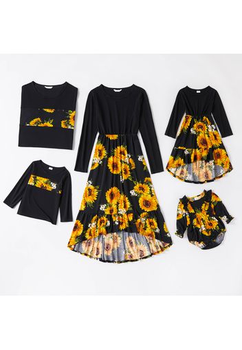 Family Matching Sunflowers Floral Print Black Splicing Long-sleeve Sets