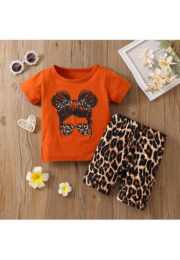 2pcs Toddler Girl Cartoon Figure Print Short-sleeve White Tee and Leopard Print Shorts Set