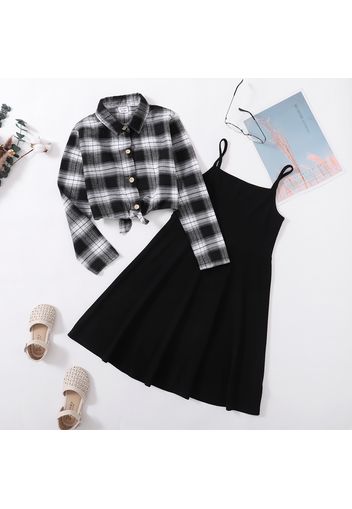 2-piece Kid Girl Black Cami Dress and Plaid Lapel Collar Button Design Jacket Set