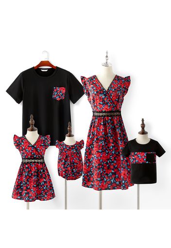 Family Matching Floral Print Cross Wrap V Neck Sleeveless Ruffle Dresses and T-shirts Sets