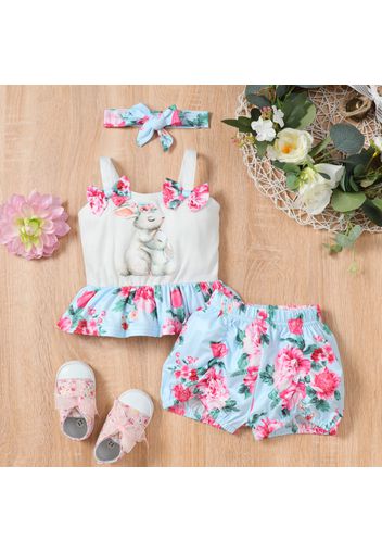 Easter 3pcs Baby Girl Rabbit Floral Print Sleeveless Top and Shorts with Headband Set