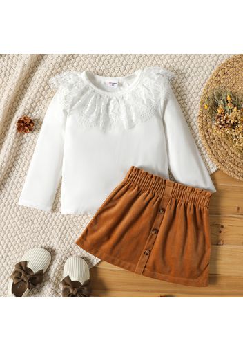 2-piece Toddler Girl Lace Design Long-sleeve White Top and Button Design Brown Paperbag Skirt Set