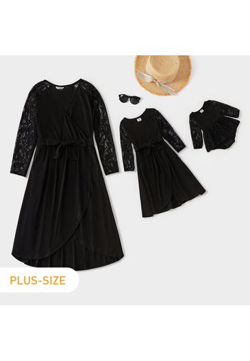 Black Lace Long-sleeve Self Tie Tulip Hem Dress for Mom and Me