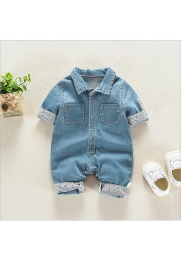 Denim Polo Collar Short-sleeve Baby Jumpsuit