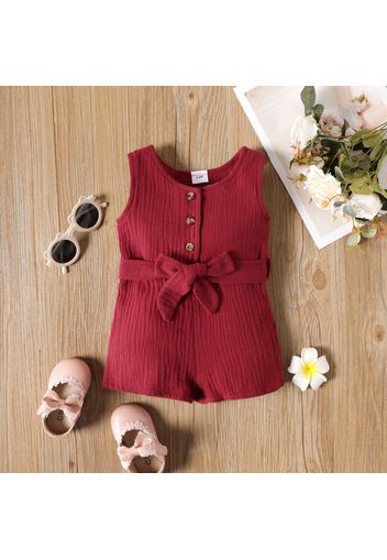 100% Cotton Crepe Baby Girl Button Design Sleeveless Belted Romper