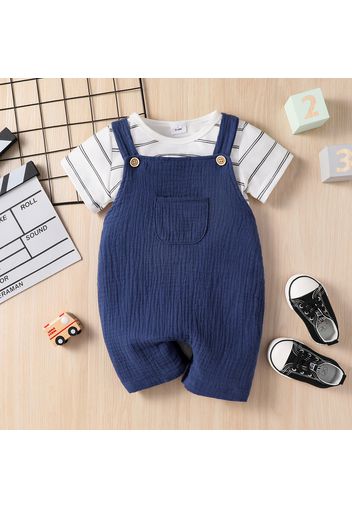 2pcs Baby Boy 100% Cotton Crepe Overalls and Short-sleeve Striped T-shirt Set