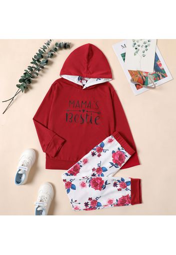 2-piece Kid Girl Letter Print Red Hoodie Sweatshirt and Floral Print Elasticized Pants Set