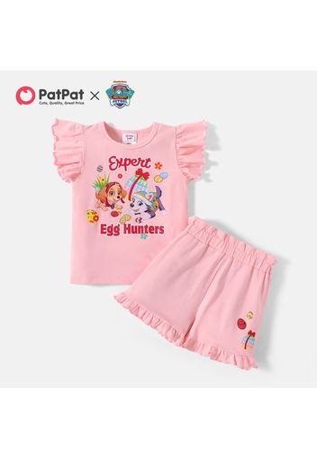 PAW Patrol 2-piece Toddler Girl Easter Letter Print Flutter-sleeve Pink Cotton Tee and Ruffled Shorts Set