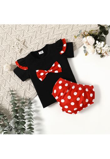 2pcs Baby Girl Ruffle Bowknot Short-sleeve Top and Polka Dots Shorts Set