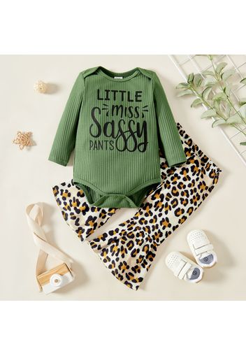 Baby Girl 2pcs Letter Green Ribbed Long-sleeve Romper and Leopard Flared Pants Set