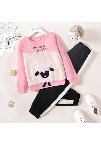 2-piece Kid Girl Letter Print Fuzzy Animal Sheep Pattern Pink Sweatshirt and Colorblock Pants Set