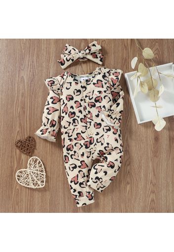 Baby 2pcs All Over Love Heart Print Ribbed Long-sleeve Romper Set