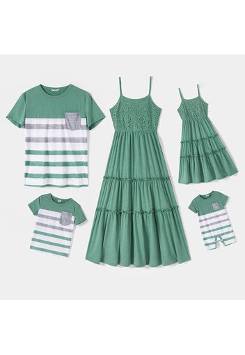 Family Matching Green Lace Splice Lettuce Trim Cami Dresses and Striped Short-sleeve T-shirts Sets