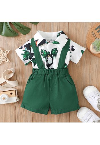 2pcs Baby Boy Animal and Plant Print Shirt Collar Short-sleeve Romper with Suspender Shorts Set