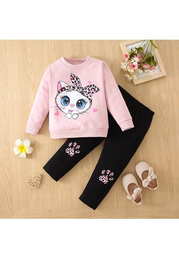 2-piece Toddler Girl Cat Print Pullover Sweatshirt and Leopard Print Pants Set