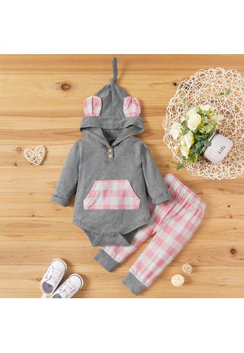 2pcs Baby 3D Ears Long-sleeve Hooded Romper and Plaid Trousers Set