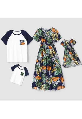 Family Matching All Over Leaves Print Round Neck Short-sleeve Dresses and Raglan-sleeve T-shirts Sets