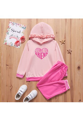 2-piece Kid Girl Letter Heart Print Stripe Ruffled Hoodie and Elasticized Pants Set