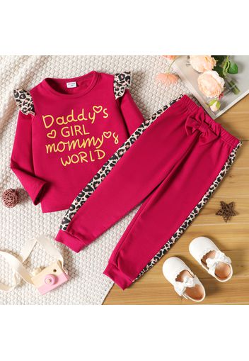 2-piece Toddler Girl Letter Print Ruffled Long-sleeve Top and Side Leopard Print Pants Set