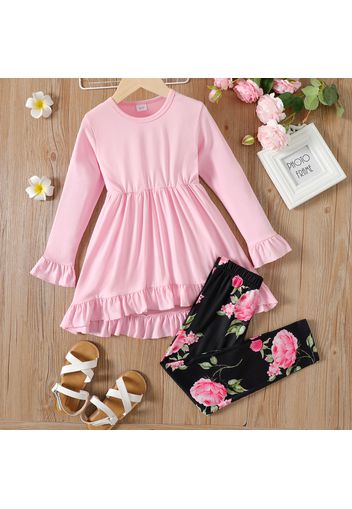 2pcs Kid Girl Ruffled High Low Long-sleeve Pink Tee and Floral Print Leggings Set