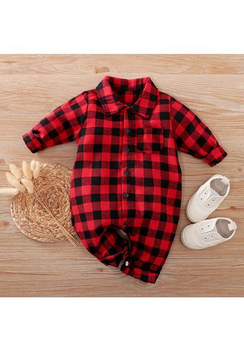 Plaid Print Lapel Collar Long-sleeve Baby Jumpsuit