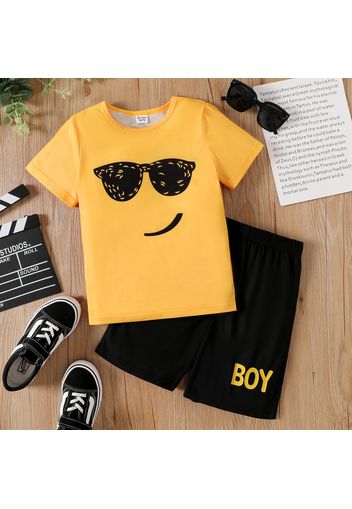 2pcs Kid Boy Face Emoji Print Short-sleeve Tee and Letter Print Shorts Set