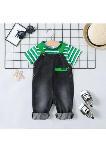 2pcs Baby Boy 100% Cotton Denim Overalls and Striped Short-sleeve Tee Set