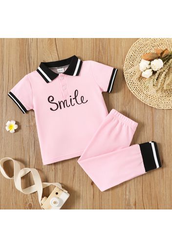 2pcs Toddler Girl Letter Print Striped Short-sleeve Polo Shirt and Elasticized Pants Set